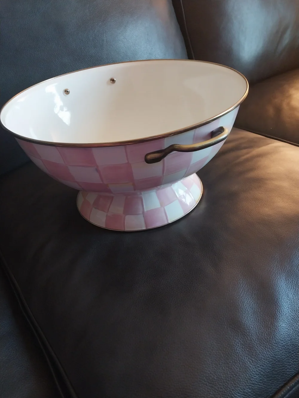 MacKenzie-Childs Pink and White Check Pedestal Bowl with Gold Rim